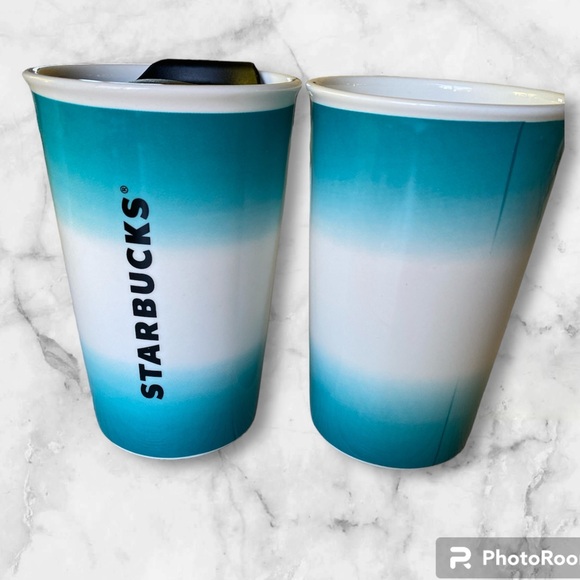 Starbucks pair travel tumblers coffee mug turquoise white fade out 8 Oz